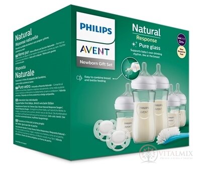AVENT Novorodenecká SADA Natural Response sklenená fľaša 5x (3x 120 ml, 0m+; 2x 240 ml, 1m+) 2x cumlík,1x kefka na fľašu, 1x1 set