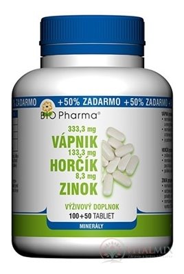 BIO Pharma Vápnik, Horčík, Zinok tbl 100+50 (50% ZADARMO) (150 ks)