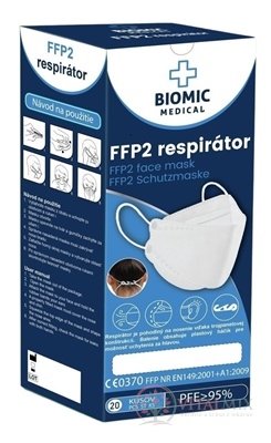 BIOMIC Respirátor FFP2, 3-panelový biely 1x20 ks