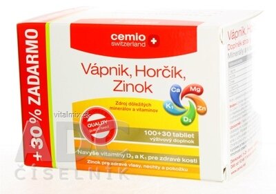 Cemio Vápnik, Horčík, Zinok + D3 a K1 tbl 100+30 (+30% zadarmo) (130 ks)