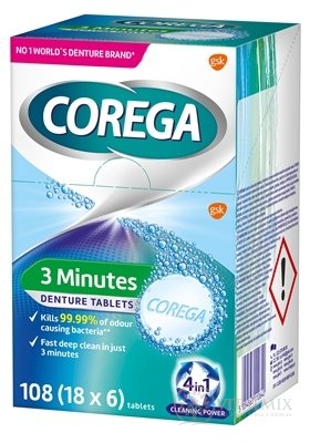 COREGA 3 Minutes DENTURE TABLETS antibakteriálne čistiace tablety 18x6 ks (108 ks)