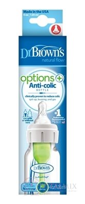 Dr.BROWN´S DOJČENSKÁ FĽAŠA OPTIONS+ 120 ml Narrow, 0M+, anti-colic, plastová, biela (so silikónovým cumľom level-1) 1x1 ks