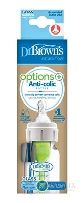 Dr.BROWN´S DOJČENSKÁ FĽAŠA OPTIONS+ 120 ml Narrow, 0M+, anti-colic, sklenená, biela (so silikónovým cumľom level-1) 1x1 ks