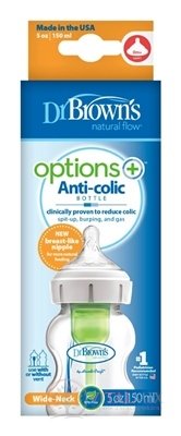 Dr.BROWN´S DOJČENSKÁ FĽAŠA OPTIONS+ 150 ml Wide-neck, 0M+, anti-colic, plastová, biela (so silikónovým cumľom level-1) 1x1 ks