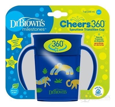 Dr.BROWN´S HRNČEK CHEERS JUNGLE 200 ml 6M+, modrý, 360°, s držadlami 1x1 ks