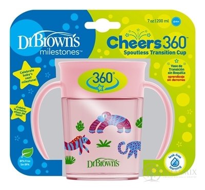 Dr.BROWN´S HRNČEK CHEERS JUNGLE 200 ml 6M+, ružový, 360°, s držadlami 1x1 ks