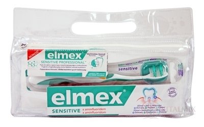 ELMEX SENSITIVE SADA V CESTOVNEJ TAŠTIČKE zubná pasta 75 ml + zubná pasta 20 ml + zubná kefka 1 ks + cestovná taštička, 1x1 set