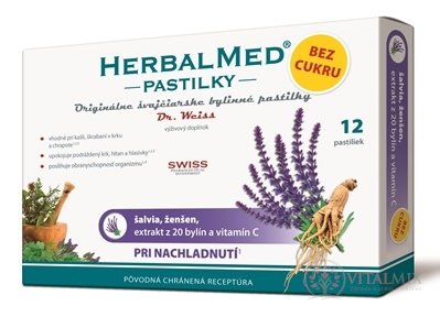 HERBALMED PASTILKY BEZ CUKRU - Dr.Weiss pri prechladnutí (šalvia, ženšen, extrakt 20 bylín a vit.C) pastilky 1x12 ks