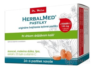 HERBALMED PASTILKY pri kašli - Dr.Weiss (skorocel, mat.dúš, lipa, 20 bylín, vit.C) pastilky (24+6 navyše) 1x30 ks