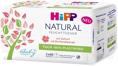 HiPP BabySANFT NATURAL vlhčené obrúsky čistiace, s Bio-mandľovým extraktom, 2x60 ks