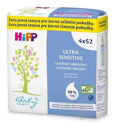 HiPP BabySANFT Vlhčené obrúsky ultra sensitiv, čistiace (inov. 2021) 4x52 ks