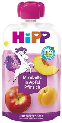 HiPP BIO 100% ovocie Jablko Broskyňa Mirabelka kapsička (od 1.roku) ovocný príkrm 1x100 g