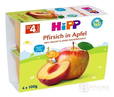 HiPP Príkrm BIO 100% Ovocie Jablká s broskyňami inov.2018 (od ukonč. 4. mesiaca) 4x100 g (400 g)