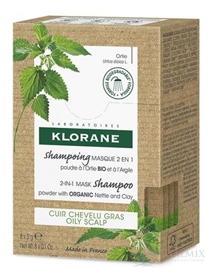 KLORANE SHAMPOOING MASQUE 2en1 šampón-maska 2v1v prášku s BIO žihľavou a ílom, vrecká 1x8 ks
