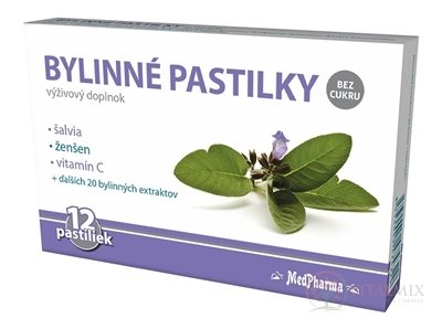 MedPharma BYLINNÉ PASTILKY Bez cukru šalvia, ženšen, vitamín C, 1x12 ks