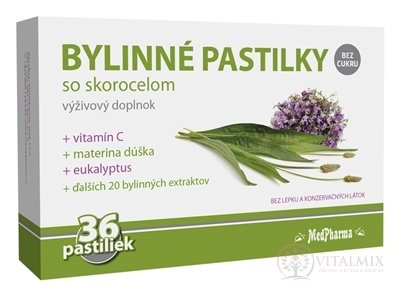 MedPharma BYLINNÉ PASTILKY Bez cukru so skorocelom, materina dúška, vitamín C 1x36 ks