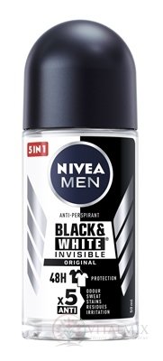 NIVEA MEN Anti-perspirant BLACK & WHITE Original guľôčkový, Invisible, 48H, 5xAnti 1x50 ml