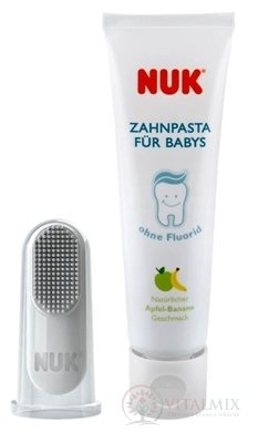 NUK DETSKÁ ZUBNÁ PASTA + NÁPRSTOK bez fluoridu, príchuť jablka a banánu, 40 ml + silikónový náprstok na čistenie, 1x1 set