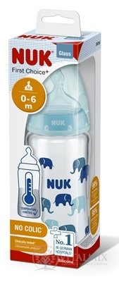 NUK FC+ FĽAŠA SKLO s kontrolou teploty 240 ml, silikónový cumlík M (0-6 mesiacov) 1x1 ks