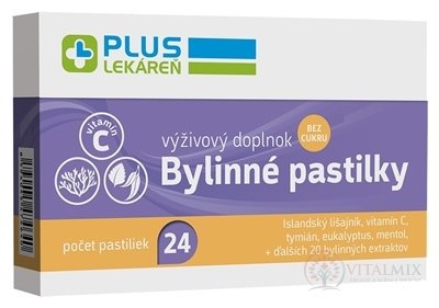 PLUS LEKÁREŇ Bylinné pastilky Bez cukru Islandský lišajník, vitamín C, 1x24 ks