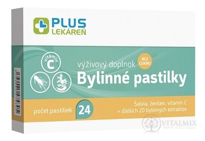 PLUS LEKÁREŇ Bylinné pastilky Bez cukru šalvia, ženšen, vitamín C, 1x24 ks