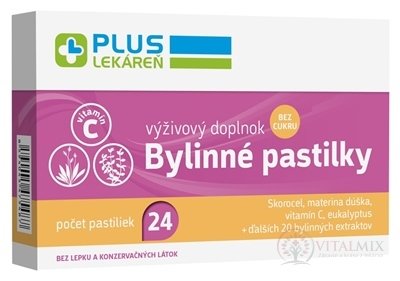 PLUS LEKÁREŇ Bylinné pastilky Bez cukru skorocel, materína dúška, vitamín C, 1x24 ks