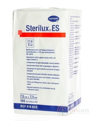 STERILUX ES kompres nesterilný so založenými okrajmi 17 vlákien 8 vrstiev (7,5x7,5 cm) 1x100 ks