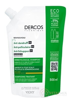 VICHY DERCOS ANTI-DANDRUFF DS DRY šampón proti lupinám, suché vlasy, náplň v ekologickom balení 1x500 ml