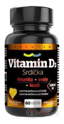 Vitamín D3 Srdiečka 1000 IU SALUTEM cmúľacie tablety s pomarančovou príchuťou 1x60 ks