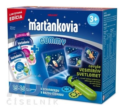 WALMARK Marťankovia GUMMY PROMO 2019 želatínové tablety (s echinaceou 50 ks + s bazou čiernou 50 ks) + darček svetlomet, 1x1 set