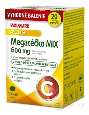 WALMARK MEGACÉČKO MIX 600 mg cmúľacie tablety, príchuť pomaranč a jahoda 100+20 navyše (120 ks)