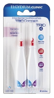 ELGYDIUM CLINIC Trio COMPACT - TRIO 4 medzizubné kefky v držiaku (2x modré 1,9 mm+2x červené 4-3 mm+2x fialové 6-4 mm) 6 ks, 1x1 set
