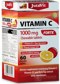 JutaVit Vitamín C 1000 mg FORTE žuvacie tablety s vitamínom D3 a extraktom zo šípok, so sladidlami, s príchuťou pomaranča 1x60 ks