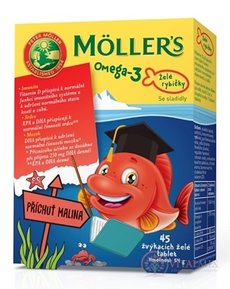 MOLLER´S Omega 3 Želé rybičky žuvacie tablety, malinová príchuť 1x45 ks