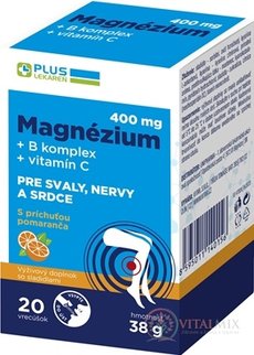 PLUS LEKÁREŇ Magnézium 400 mg+B komplex+vitamín C vrecúška s príchuťou pomaranč 1x20 ks