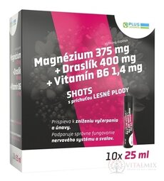 PLUS LEKÁREŇ Magnézium +Draslík +Vitamín B6 SHOTS ampuly, s príchuťou lesné plody 10x25 ml