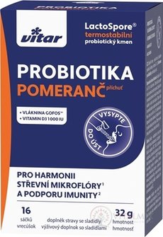 VITAR PROBIOTIKA + vláknina + vitamíny C a D3 prášok vo vrecúškach, pomarančová príchuť 1x16 ks