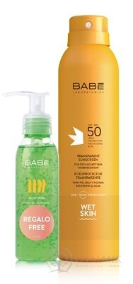 BABÉ SLNKO Opaľovací sprej + Aloe vera gél (Transparent Sunscreen) transparentný, s ochranným faktorom SPF 50 200 ml+darček:gél 90 ml, 1x1 set