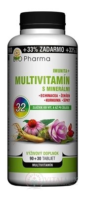 BIO Pharma Multivitamín s minerálmi IMUNITA+ tbl 90+30 (33% ZADARMO) 32 zložiek (120 ks)