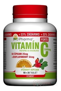 BIO Pharma Vitamín C so šípkami 1000 mg FORTE tbl (šípky 25 mg + Bioflavonoidy 34 mg) 90+30 (+33% ZADARMO) (120 ks)