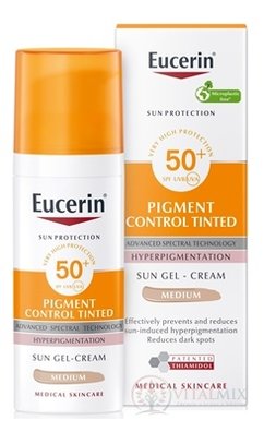 Eucerin SUN PIGMENT CONTROL TINTED SPF 50+ MEDIUM emulzia na opaľovanie s depigmentačným účinkom, stredne tmavá 1x50 ml