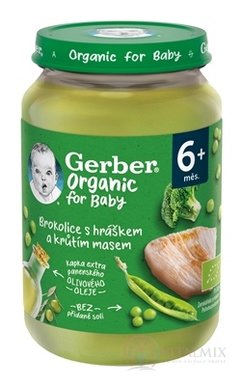 Gerber Organic Mäsovo-zeleninový príkrm brokolica, hrášok, morčacie mäso (od ukonč. 6. mesiaca) 1x190 g