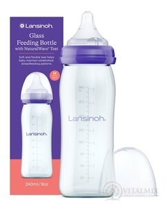 Lansinoh Sklenená dojčenská fľaša s NaturalWave cumľom (stredný prietok M, 3M+) 1x240 ml