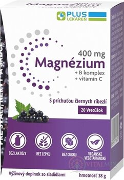 PLUS LEKÁREŇ Magnézium 400 mg+B komplex+vitamín C vrecúška s príchuťou čiernych ríbezlí 1x20 ks
