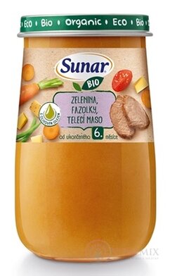 Sunar BIO príkrm ZELENINA, FAZUĽKY, TEĽACIE MÄSO s olivovým olejom (od ukonč. 6. mesiaca) 1x190 g