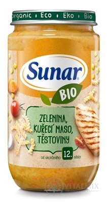 Sunar BIO príkrm ZELENINA, Kuracie MÄSO, CESTOVINY (od ukonč. 12. mesiaca) 1x235 g